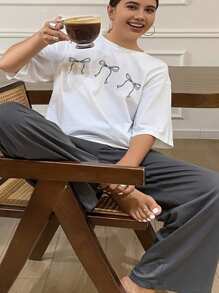 Dazy Plus Plus Size Women Butterfly Print Top And Pants 2Pcs Lounge Set Pajama - White - View 10