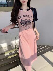 DAZY Women's Color Block Castle Letter Printed Long Dress With Notched Collar Sundress