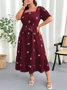 DreamSkyne Plus Size Women's Floral Print Square Collar Elastic Waist Puff Sleeve Dress - Multicolor - View 6