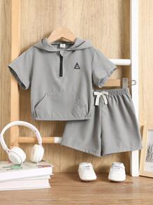 SHEIN Leap Crew 2 件套幼儿男孩/女孩休闲日常运动连帽半拉链运动衫和短裤套装，适合春夏季 - 卡其色 - 查看 1