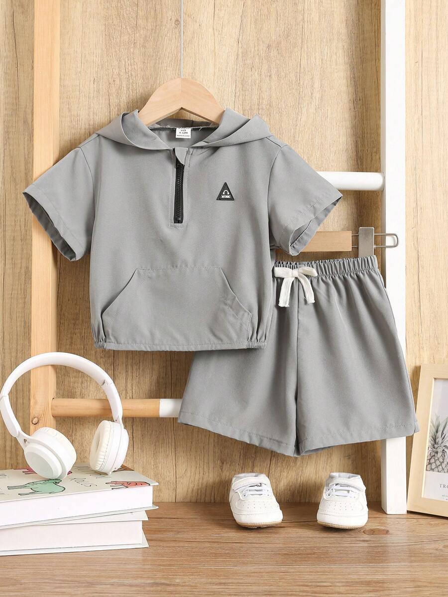 SHEIN Leap Crew 2 件套幼儿男孩/女孩休闲日常运动连帽半拉链运动衫和短裤套装,适合春夏季 - 卡其色 - 查看 1