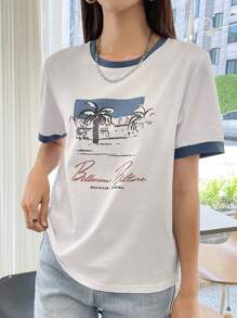 DAZY Letter & Palm Tree Print Contrast Binding Tee,Graphic Tees
