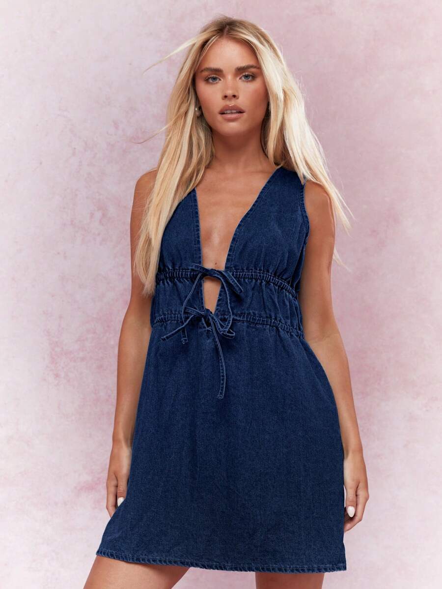 MISSGUIDED Deep V Neck Denim Mini Dress Casual Summer Festival Drawstring Waist Sleeveless A Line Sundress With Ruched Detail For Spring Fall Beach Vacation - Dark Wash - View 1