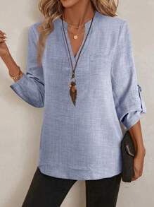 EMERY ROSE 女士春季花卉印花 V 领 3/4 袖工作衬衫 - 灰色 - 查看 3