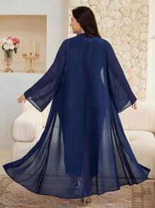 Al Najma Plus Size Women Floral Print Sleeveless Dress & Robe Set, Loose Abaya Style - Multicolor - View 2