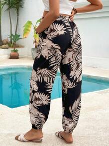 SHEIN Calça Confortável de Maternidade Cintura Papel Saco com Estampa Tropical - Preto - Visão 2
