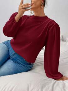 SHEIN Privé 大码女士优雅办公室装荷叶边领长袖泡泡袖衬衫，百搭