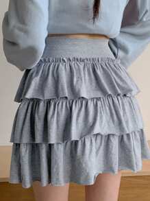 DAZY 女式纯色多层荷叶边下摆半身裙秋季半身裙 - 灰色 - 查看 2