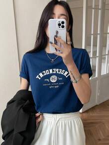 DAZY 字母印花圆领短袖T恤夏季，图案T恤 - 藍色 - 查看 6