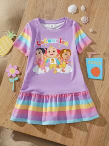 CoComelon X SHEIN Váy chữ A tay ngắn họa tiết sọc hoạt hình dễ thương cho bé gái - Nhiều màu - Xem 1