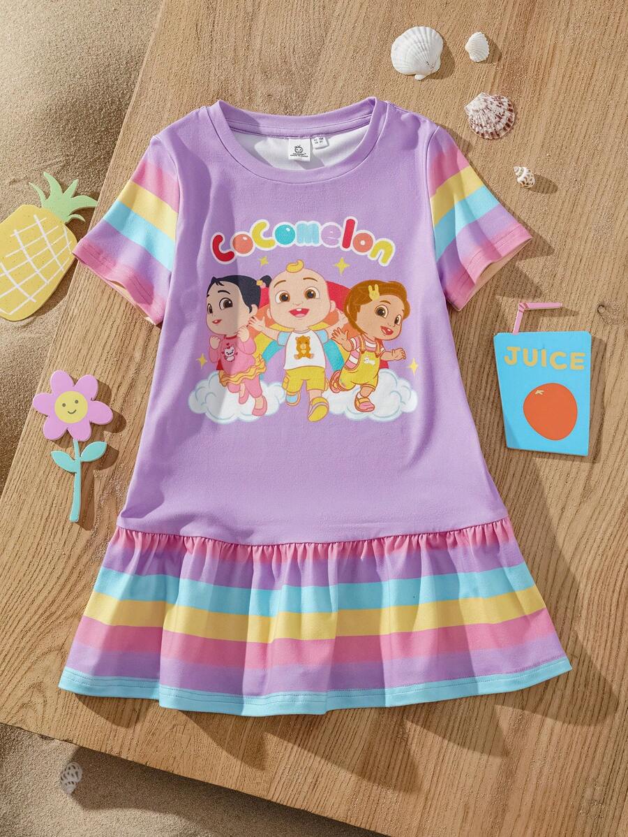 CoComelon X SHEIN Váy chữ A tay ngắn họa tiết sọc hoạt hình dễ thương cho bé gái - Nhiều màu - Xem 1