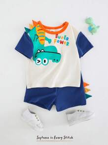 Cozy Pixies Set de 2 piezas de parte superior de manga corta y pantalones cortos con cintura elástica, con diseño de dinosaurio de dibujos animados y bloques de color, para bebé niño
