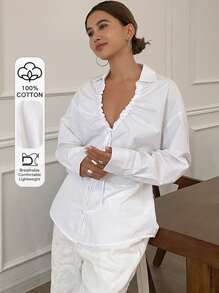 Livesso Women Solid Color Fitted Long Sleeve Drawstring Ruched Tie Blouse Summer Preppy Tops - White - View 12