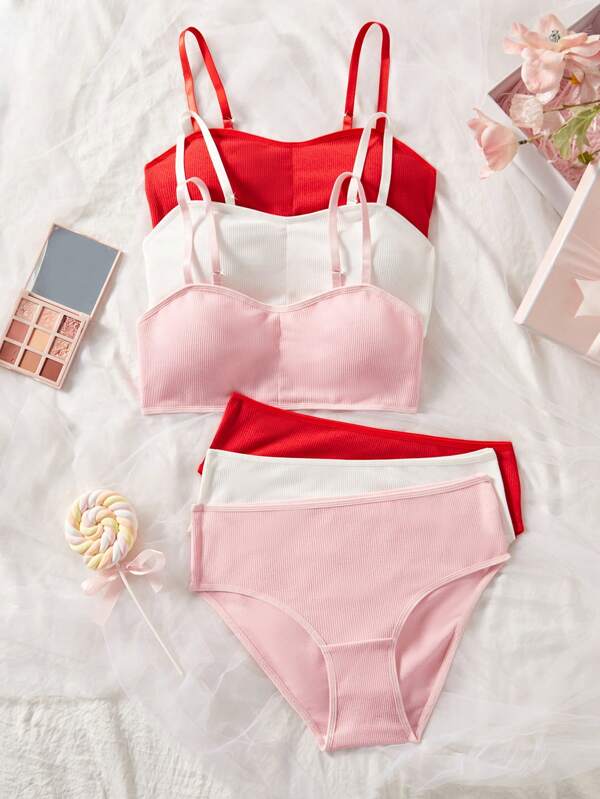 Set de 6 piezas de top tipo camiseta y braga para adolescentes, de unicolor, minimalista y con estilo