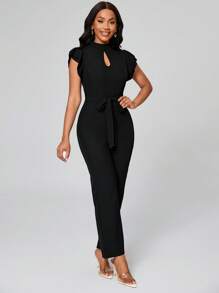 Lyxana 女士锁眼领口荷叶边袖休闲连身裤 - 黑色 - 查看 3