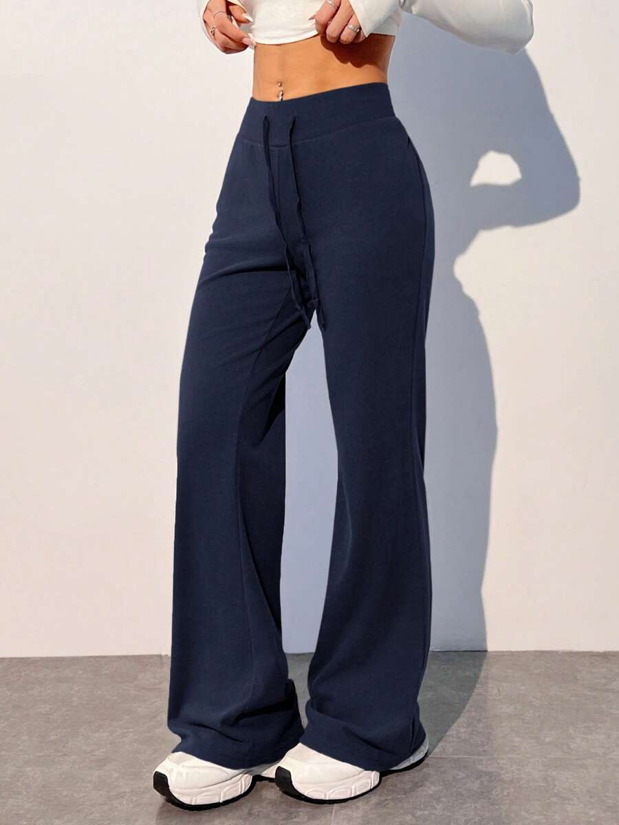 SHEIN EZwear 大码休闲家居服简约柔软弹力低腰海军蓝裤阔腿裤喇叭裤高腰裤女裤 - 藏蓝色 - 查看 1