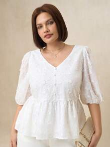 Chikora Plus Size Women's Summer White 3D Embroidered A-Line Loose Shirt,Summer Outfits For Women,Vacation Outfits Women - White - View 3