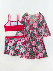SHEIN Swim 3pcs/Set Women Assorted Print Beach Wear Outfits - Spaghetti Strap Top, Shorts, And Cover-Up Kimono, For Spring Break/Summer Vacation - Multicolor - View 6
