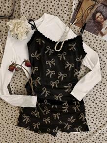 SHEIN EZwear Set 2 Potong Kamisol Renda & Celana Pendek untuk Wanita - Motif Pita Leopard Beige di Latar Belakang Hitam - MultiWarna - View 2