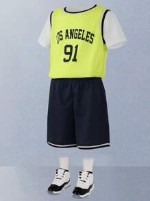 3pcs Kid Boys Casual Versatile Solid Color Loose Round Neck Short Sleeve T-Shirt,Letter Print Sleeveless Knit Vest,Shorts 3-Piece Set,Summer School - Multicolor - View 4