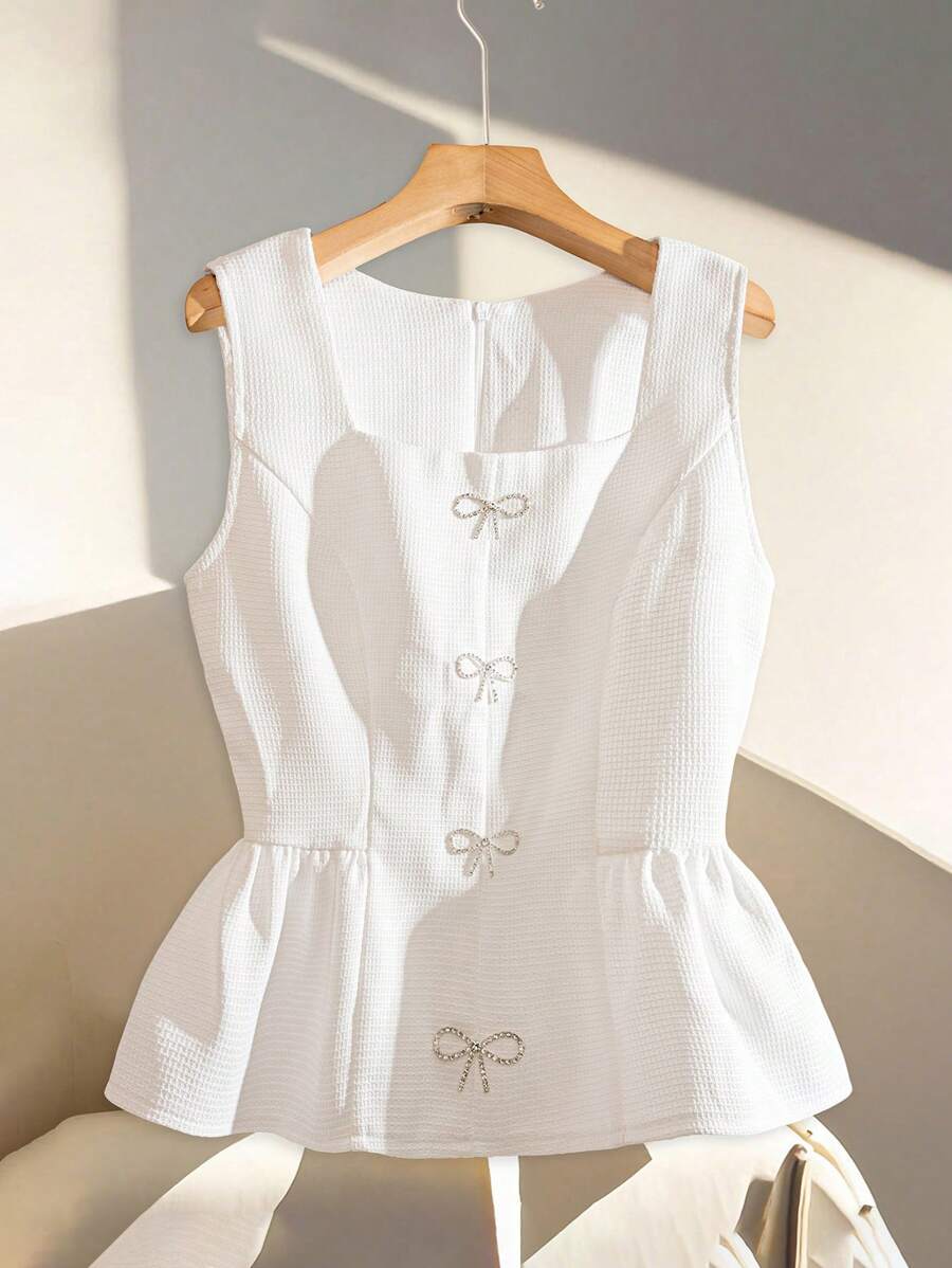 Franclia Áo cánh không tay cổ vuông viền bèo nhún màu trơn cho nữ - trắng - Xem 1