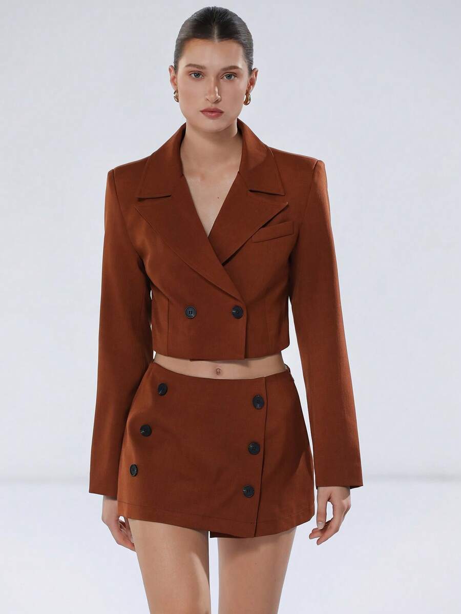 SHEIN Privé Women's Rust Brown Chic Office Summer 2 Pieces Set Double-Breasted Long Sleeve Blazer Jacket Coat & Decorated Button A-Line Mini Skirt College Style - Brown - View 1