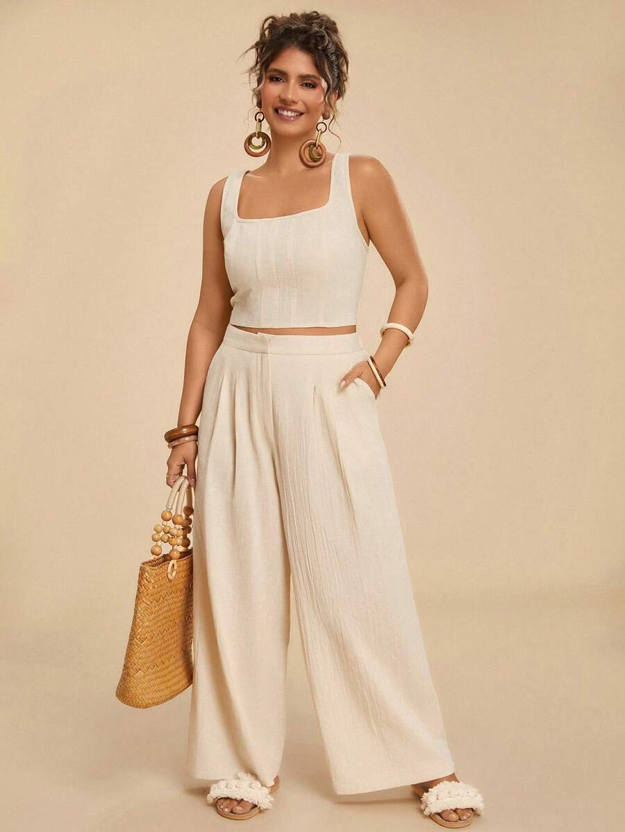 Travachic 2 件大码女式纯色方领吊带上衣和褶皱阔腿休闲裤套装