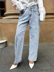Forever 21 Women's Fashion Pearl Embellished Asymmetric Waist Denim Jeans