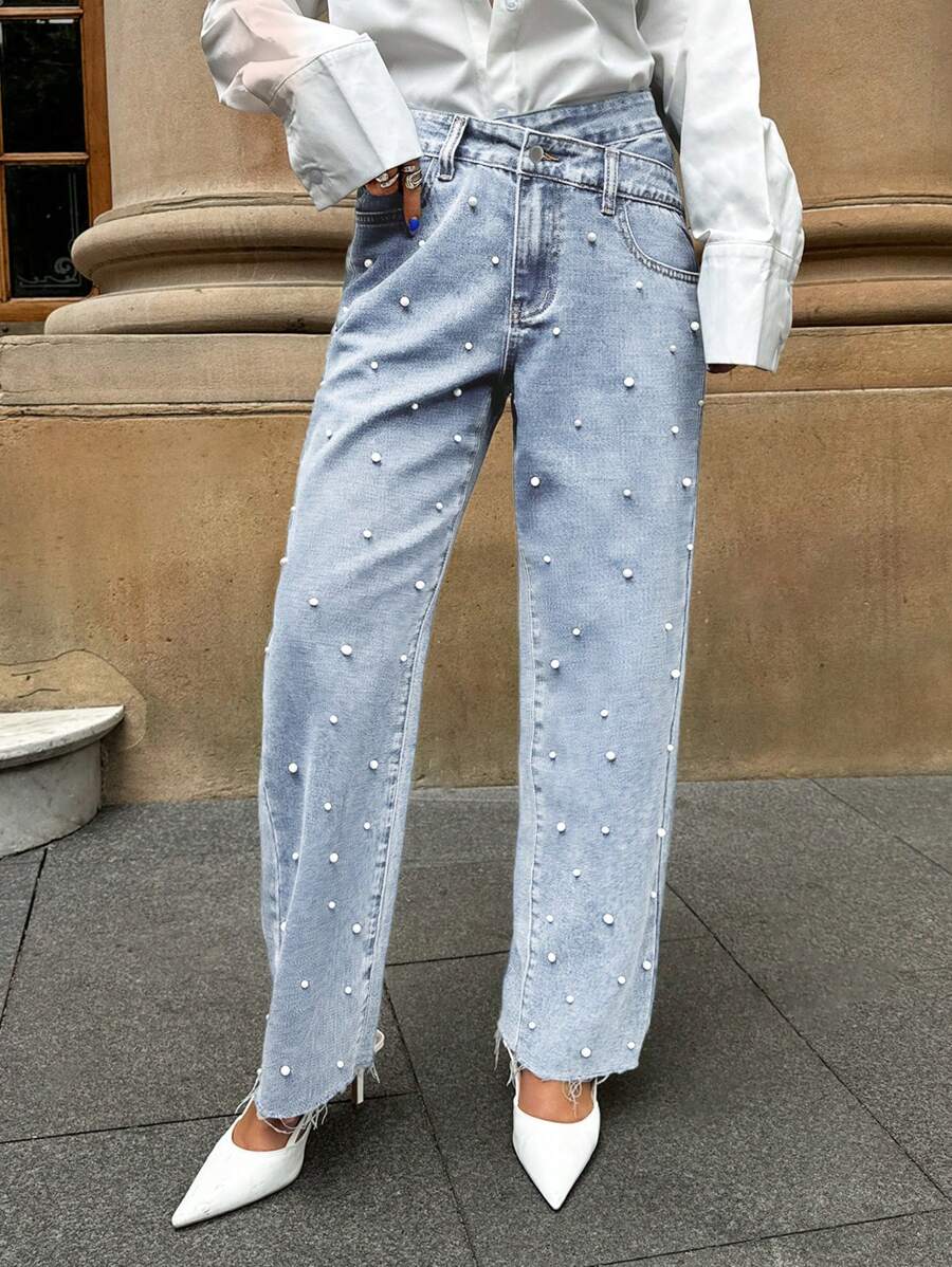 Forever 21 Women's Fashion Pearl Embellished Asymmetric Waist Denim Jeans
