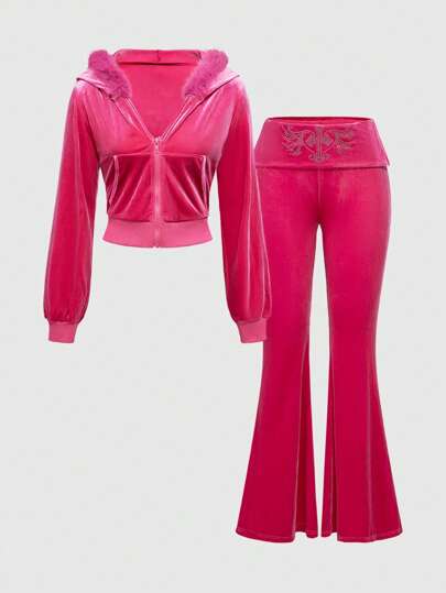 Grunge Punk Y2K Velvet Crop Hoodie And Low-Rise Flare Pants 2pcs Set For Women