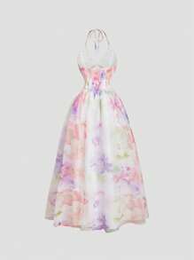 SHEIN MOD Women Spring Floral Print Organza Dress, Bachelorette Backles Sexy Sheer Elegant Dress For Party Wedding Guest,Tea Party, Modest Club Outfit - Multicolor - View 7