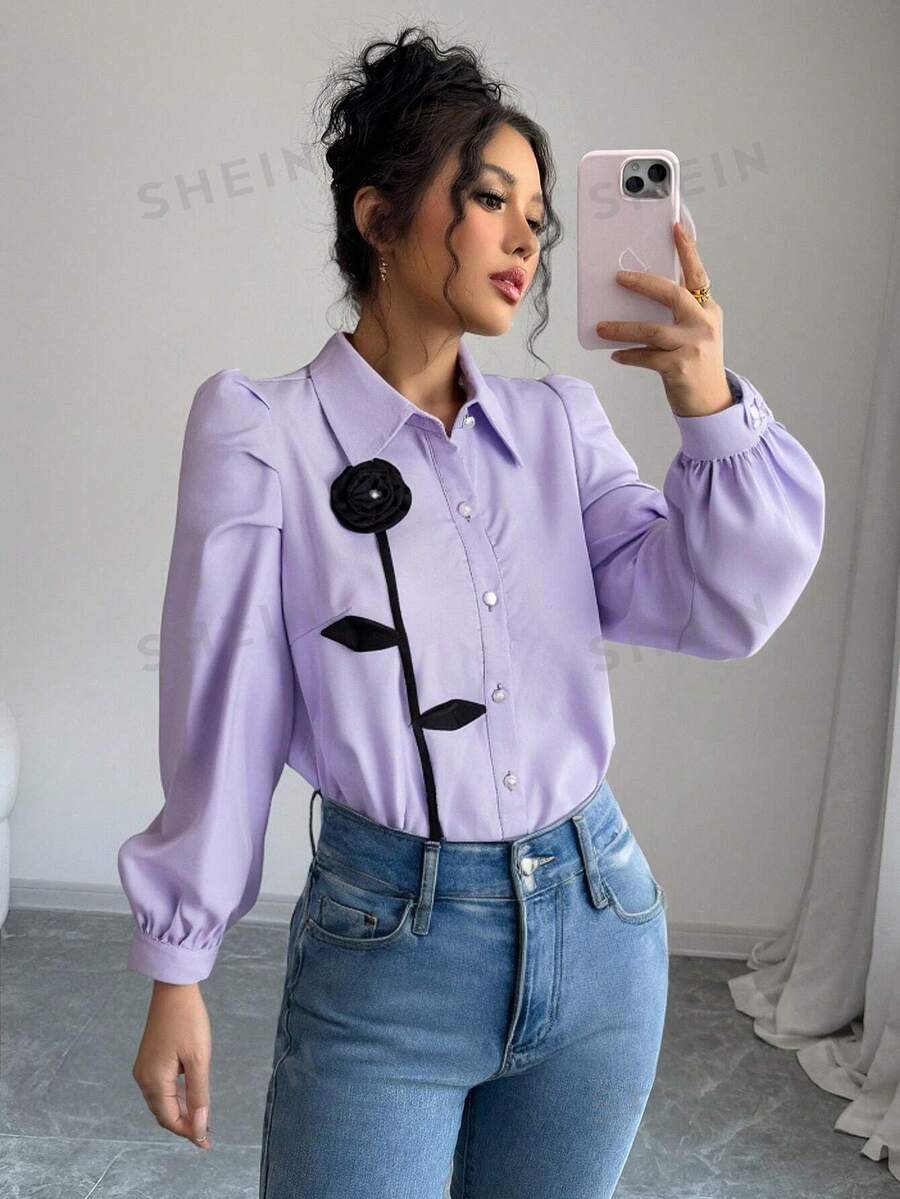 Modelyn Camisa casual de manga larga con botones delanteros y decoración floral 3D para mujeres