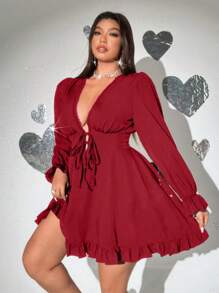 Viva Relle Plus Size Sexy Deep V-Neck Tie Front Ruffle Trim Dress,Valentine - Red - View 6