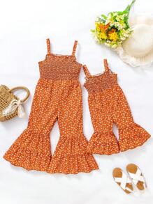 Baby Girls' Brown Vacation Casual Comfortable Floral Print Cami Wide Leg Jumpsuit - Brown - View 1