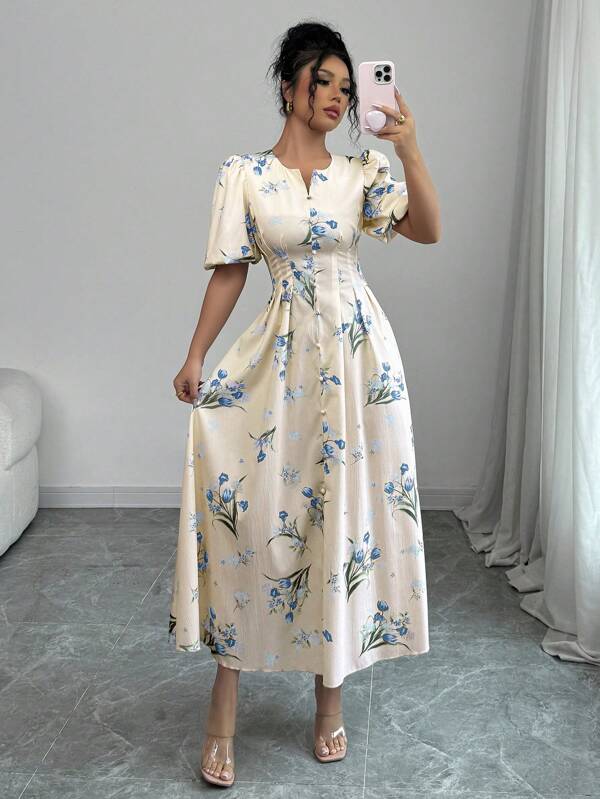 Mulvari Rochie de damă cu mânecă scurtă cu imprimeu floral ținut maxi pentru femei