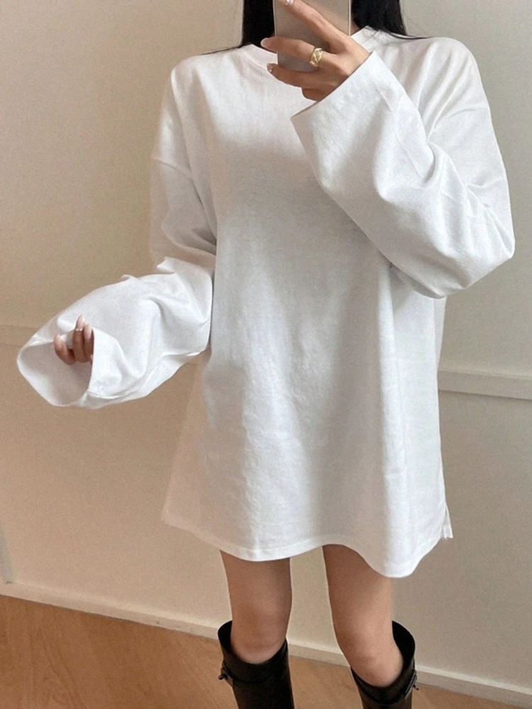 Solid Split Hem Drop Shoulder Tee Long Sleeve Women Tops