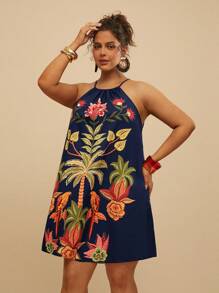 Travachic Plus Size Loose Off Shoulder Printed Casual Mini Dress For Women - Navy Blue - View 1