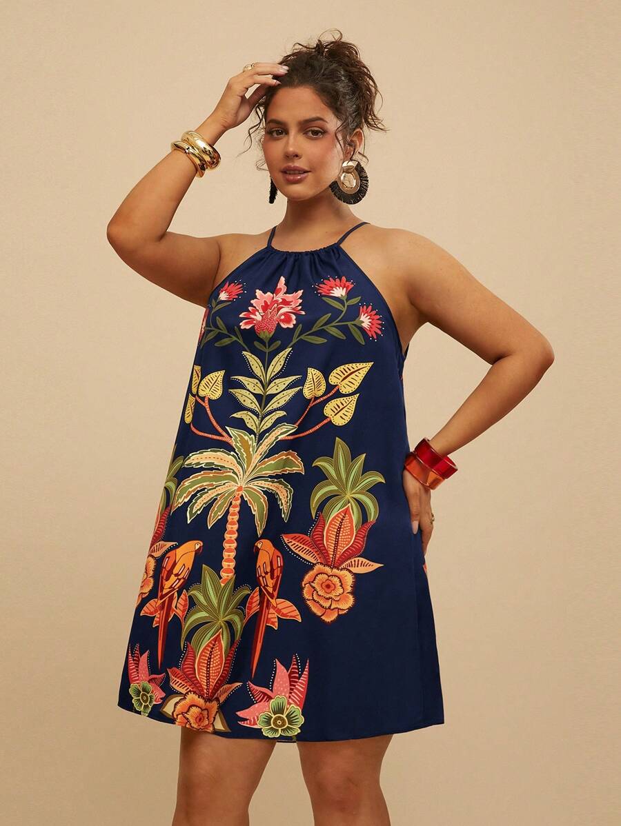 Travachic Plus Size Loose Off Shoulder Printed Casual Mini Dress For Women - Navy Blue - View 1