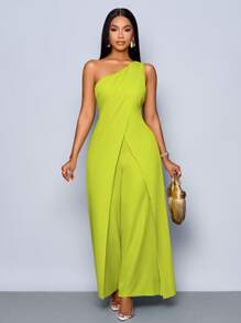 SOLERSUN 女士春夏时尚日常单肩无袖开衩阔腿连体裤 - 綠色 - 查看 1