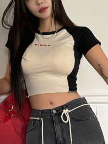 DAZY Áo thun nữ cổ tròn phối màu mùa hè, áo crop top nữ - Nhiều màu - Xem 9