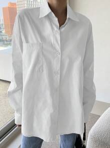 DAZY Button Through Pocket Front Drop Shoulder Shirt,Long Sleeve Tops,Back To School Clothes Fall - White - View 10