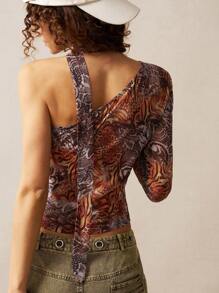 Bohemela Boho Knitted Leopard Print Net Fabric Slash Neck Fitted Women Top