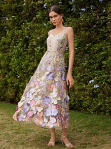 Anewsta 刺绣花卉 3D 网眼长披肩/围巾连衣裙，优雅节日外出度假装女士春季 - 淡紫色 - 查看 2