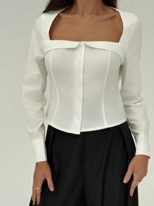 Aloruh Chemisier décontracté à manches longues et à simple boutonnage de couleur unie pour femme