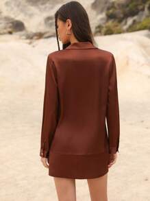 Femmeiva 2pcs Women Business Casual Satin Blouse With Metal Buttons & Short Straight Skirt Set Fall Cloth For Women - Brown - View 2