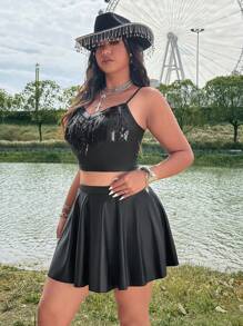 Flirla Plus Size 2pcs Set: Sequin & Tassel Decor Boho Spaghetti Strap Crop Top And Bubble Mini Skirt, Suitable For Festival, Hippie, Cowgirl, Old Money Style - Black - View 5