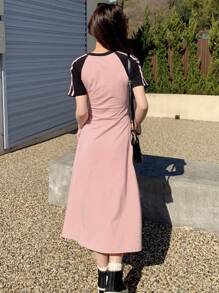 DAZY Women's Color Block Castle Letter Printed Long Dress With Notched Collar Sundress