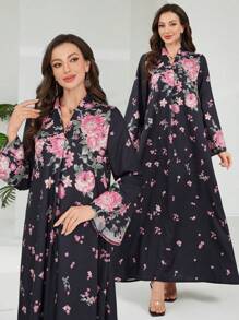 Lacomfia Elegant Floral Print Long Dress, Arabesque Style,Modest - Multicolor - View 1