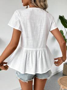 SHEIN LUNE Summer Women V-Neck Ruffle Trim Flounce Sleeve Ruched Hem Babydoll Style A-Line Shirt Leisure Vacation Open Front Blouse