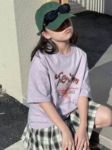 DAZY 青少年女孩口号与星星印花圆领落肩休闲 T 恤 - 紫色 - 查看 7